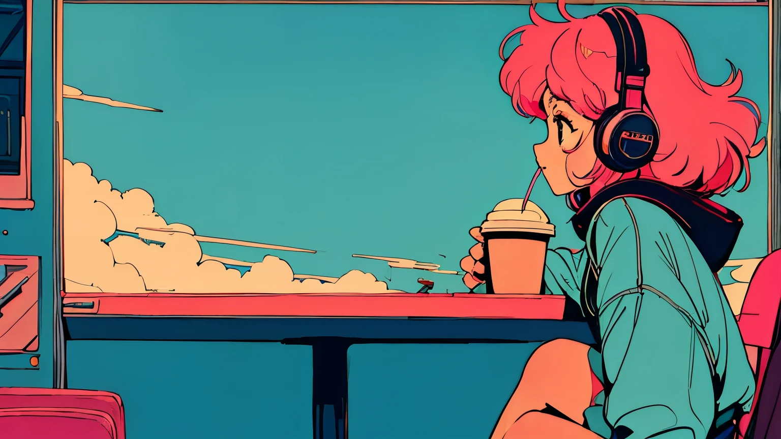 City pop style art, Pink Hair, Fluffy Shortcuts, Wearing headphones, Futuristic yet lo-fi, Retro, Vintage, Ghost,masterpiece, (( Side Shot)), Sitting at a desk, View of the sea, Coffee shop , Melancholy
