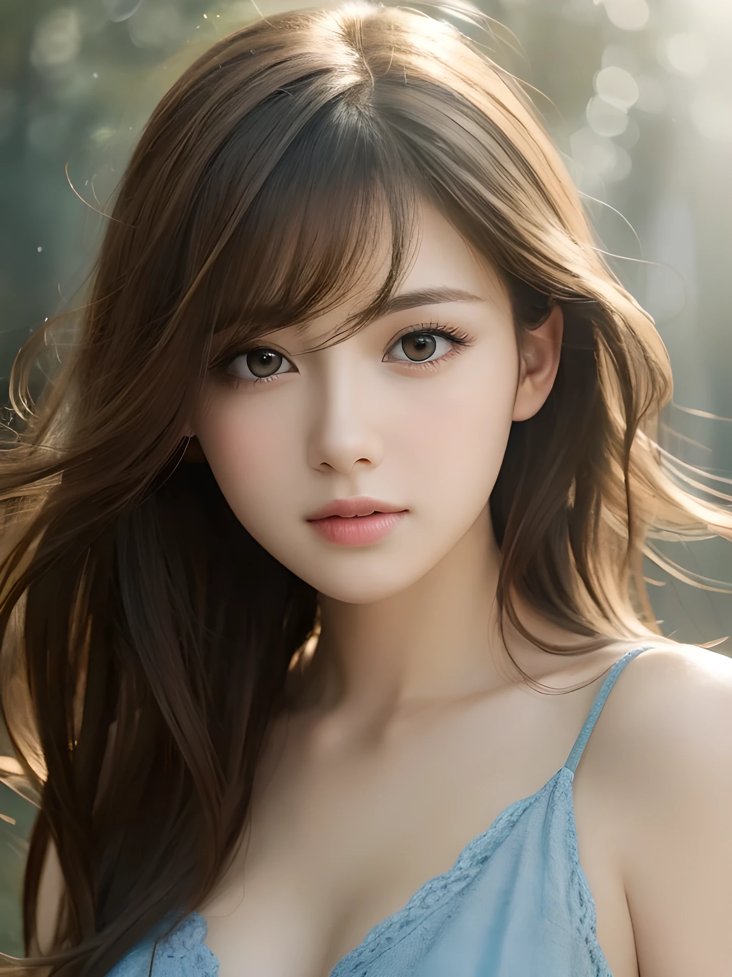masterpiece, highest quality, High resolution, wallpaper, realistic, (bright lighting:1.4), professional lighting, face light, smooth lighting, 1 girl, Close-up, cute, sad, open mouth to say something, shy, Beautiful girl, gravure, sexy, super beautiful, beautiful skin, beautiful and detailed eyes、detailed face、slim、moderately, short hair, hair blown by the wind, brunette colored hair, brown eyes, Professional Photography, Bokeh, Portrait, The morning sunlight shines through the misty forest path.