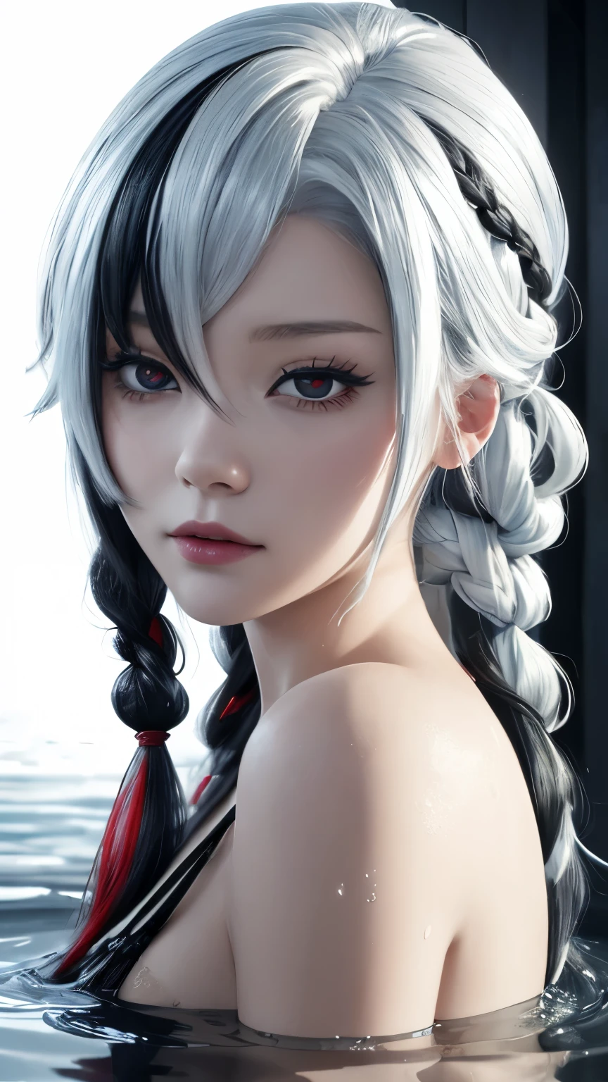 (((masterpiece))),(((portrait))),Lying in bed,White hair,Black Hair,Colorful Hair,short hair,Straight Hair,Long braids(White),Glowing red eyes,Red X pupil(focus),Cold expression,Super huge ,Diffuse light,Dynamic Shadows,锐利focus,reality,detailed,high resolution,entertaining,Not dressed,lifelike,Lifelike,Soaked,mascara,Blush,sleeveless,Youthful Look,,Fair,Blush,The expression is charming,confused,Open your mouth,Sticking out tongue,大量White粘稠液体从嘴里流出,Above the waist