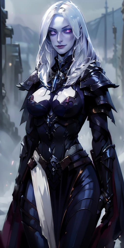 (Triplets) (chest covered) (smile) Gray skin, pale golden hair and violet eyes. They prefer clothing of white and silver with cloaks of deep blue or purple, village background, ((very precise detailed)) ((high res)