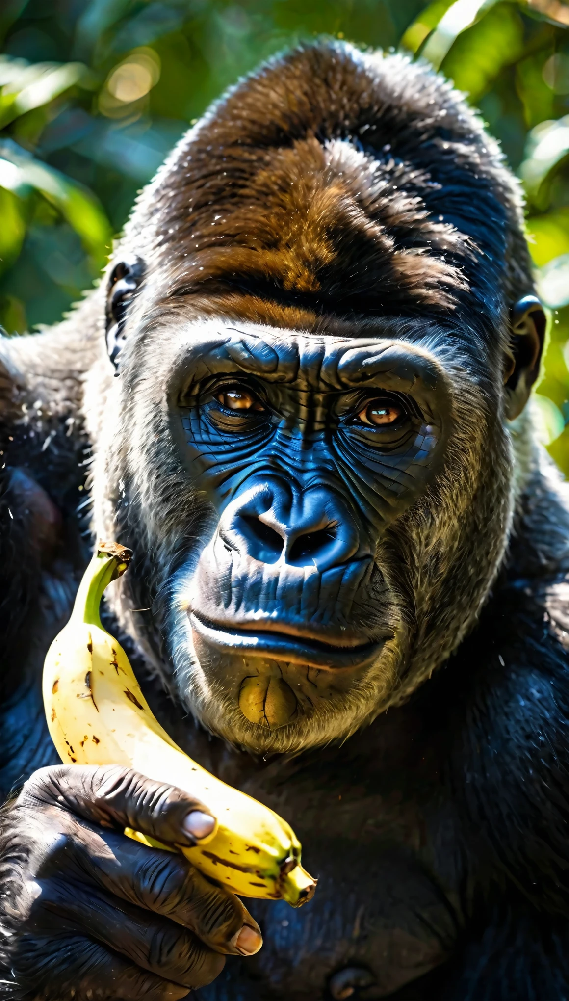(best quality,highres,ultra-detailed),close-up of an African gorilla's face,[bored](bored:0.9) expression, [holding](holding:1.1) a banana in one hand, [watching](watching:1.1) an animal photographer with curiosity, [realistic](realistic:1.37) facial features and texture, [intense](intense:1.1) gaze from the gorilla's eyes, [sunlight](sunlight:1.1) casting [dramatic](dramatic:1.1) shadows, [vivid](vivid:1.1) colors highlighting the gorilla's fur, [bokeh](bokeh:1.1) background adding depth to the image, [natural](natural:1.1) lighting capturing the raw beauty of the moment, [details](details:1.1) of the gorilla's facial expressions and [muscular](muscular:1.1) physique.