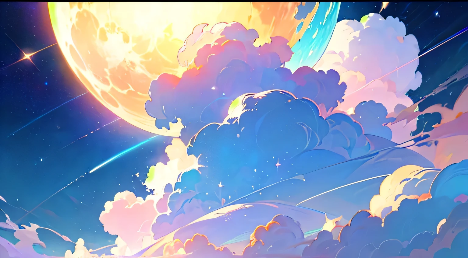 (best quality),(masterpiece),(Super detailed),(high detail),(Very detailed),theme: Anime Sky Dream Medium: Digital illustration or traditional.
solve: 1920*1080 pixels.
Palette: Soft pastel colors with a mix of vibrant hues.
mood: magic, Ethereal, and tranquility.
work: Vast skies and floating islands, Whimsical Clouds, And other fantasy elements.
light: Soft, Warm diffuse light,
style: inspired by anime,With a hint of fantasy and surrealism.
detail: Include elements such as shooting Star, Colorful Nebula, fluffy clouds, and mysterious creatures.
inspiration: Anime fantasy world, studio ghibli movies, Superrealisticart, and celestial images.
Camera Settings: not any (Because it is a digital illustration).
Additional notes: Emphasize the vastness and beauty of the sky by creating a sense of depth and space. Experiment with various cloud formations and shapes, From fluffy cumulus clouds to elongated cirrus clouds. Incorporate celestial elements such as the moon, Star, and galaxies to enhance the dreamy atmosphere. Use soft brush strokes and blending techniques to create a seamless and Ethereal look. Play with lighting effects, Like soft sunlight or a glowing sphere, Add magic color. Consider adding some exotic creatures,Like a flying dragon or a floating jellyfish,Bringing a sense of wonder to the scene. Don't be afraid to let your imagination fly,Create a dreamlike world,Capturing the essence of anime fantasy.