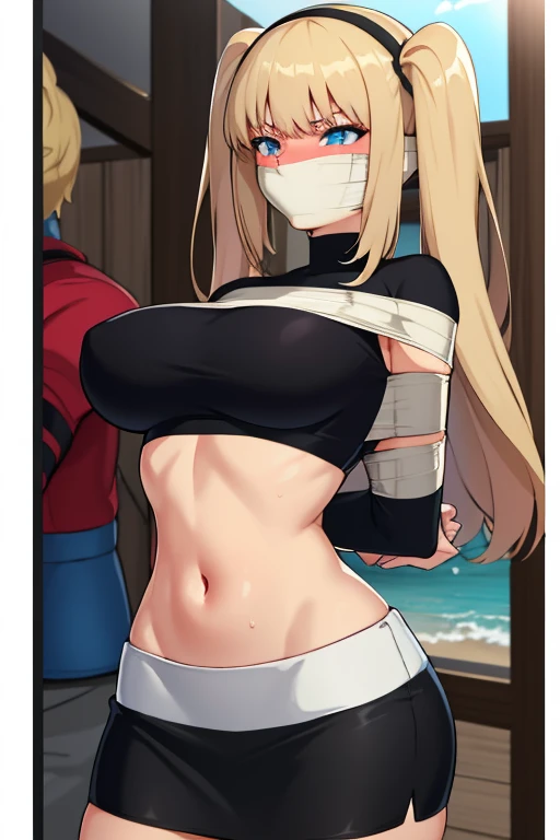 1 girl, detailed blue eyes, lange wimpern, detailed beautiful face, Long black full hair, body long black hair, twintails, hochgesteckte haare, improvisierter Knebel, (Klebebandknebel:1.5), GEKNEBELT, Klebeband, festgebunden, (Arms behind the back:1.4), gefesselte Arme, black Mini skirt, black crop top, blushing, Tape gag, standing in a bedroom with a large panoramic window, beach in the Background, (Big boobs:1.1), detailed gag