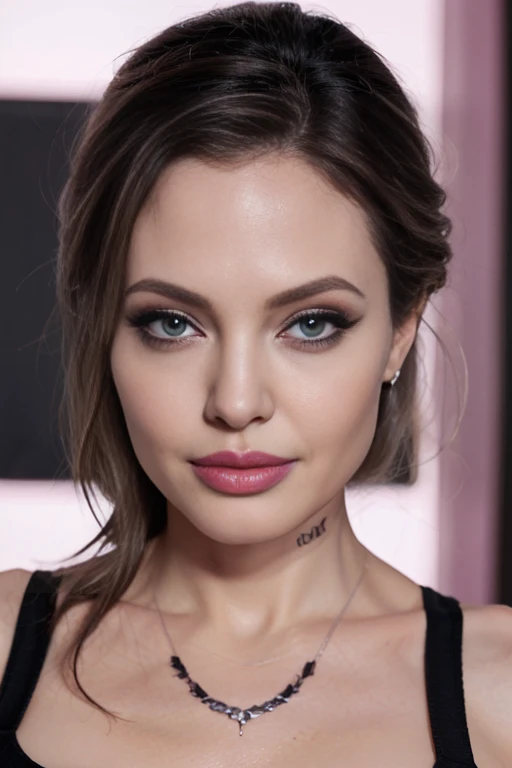 grey color for eye makeup, pink lip, editorial makeup photography,angelina jolie type of face model look to camera like seriously