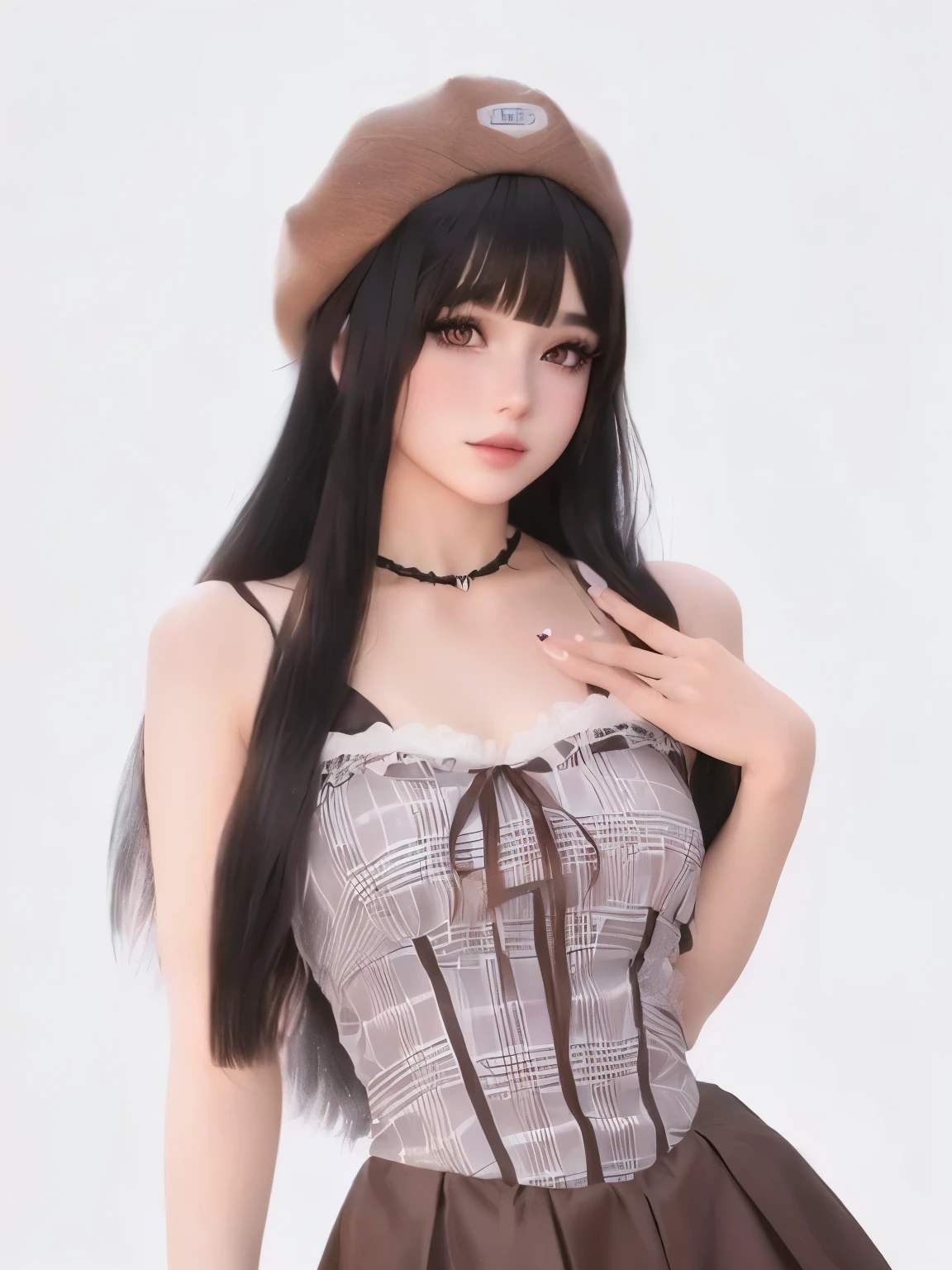 a close up of a woman wearing a brown dress and a hat, anime barbie doll, with long hair and piercing eyes, ultrarealistic sweet bunny girl, anime girl in real life, realistic young anime girl, skydoll noa, anime girl cosplay, 1 7 - year - old anime goth girl, brown long hair with bangs, ball jointed doll, semi realistic anime