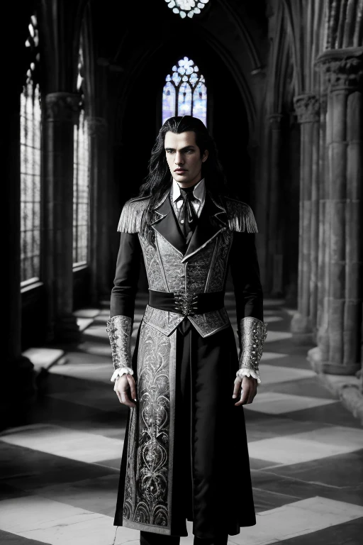 Photo of Lestat de Lioncourt, hyper realistic, an immortal vampire character, portrayed by a handsome model, (Long, wavy black hair with a hint of silver, reminiscent of his age), elegant and mysterious, ((Detailed face:1.2)), ((detailed facial features, sharp, piercing eyes reflecting centuries of existence)), slightly pale skin, dressed in a historically accurate 18th century French attire, standing in an ancient cathedral, (Gothic architecture, dimly lit, filled with stained glass windows), High Contrast, photorealistic, digital art, trending on Artstation 8k HD high definition, detailed, realistic skin texture