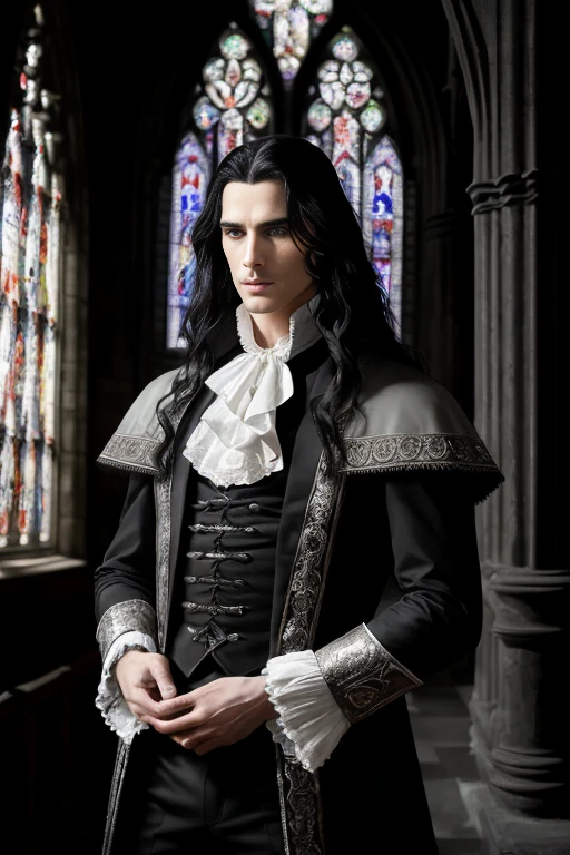 Photo of Lestat de Lioncourt, hyper realistic, an immortal vampire character, portrayed by a handsome model, (Long, wavy black hair with a hint of silver, reminiscent of his age), elegant and mysterious, ((Detailed face:1.2)), ((detailed facial features, sharp, piercing eyes reflecting centuries of existence)), slightly pale skin, dressed in a historically accurate 18th century French attire, standing in an ancient cathedral, (Gothic architecture, dimly lit, filled with stained glass windows), High Contrast, photorealistic, digital art, trending on Artstation 8k HD high definition, detailed, realistic skin texture