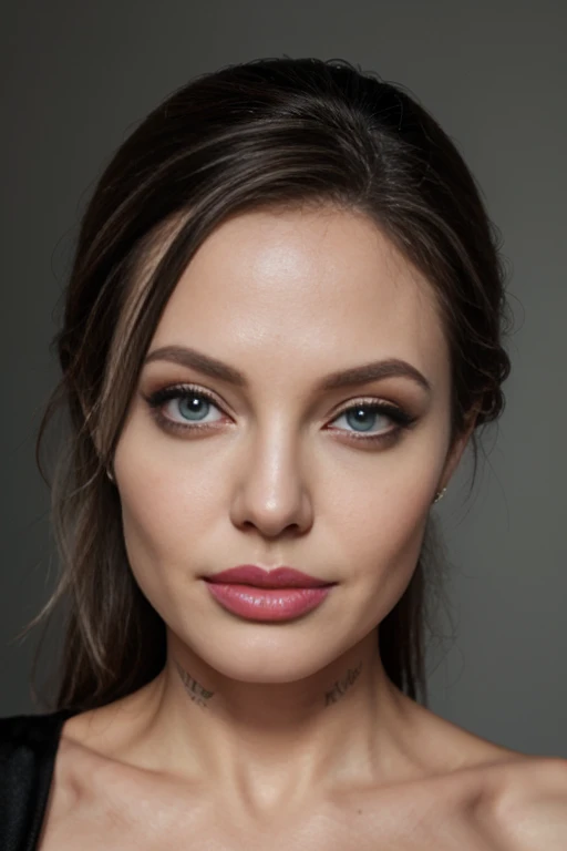 Portrait of a model woman, grey color for eye makeup, pink lip, editorial makeup photography,angelina jolie type of face model look to camera like seriously