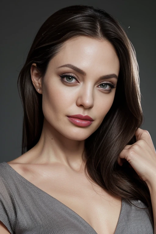 Portrait of a model woman, grey color for eye makeup, pink lip, editorial makeup photography,angelina jolie type of face model look to camera like seriously