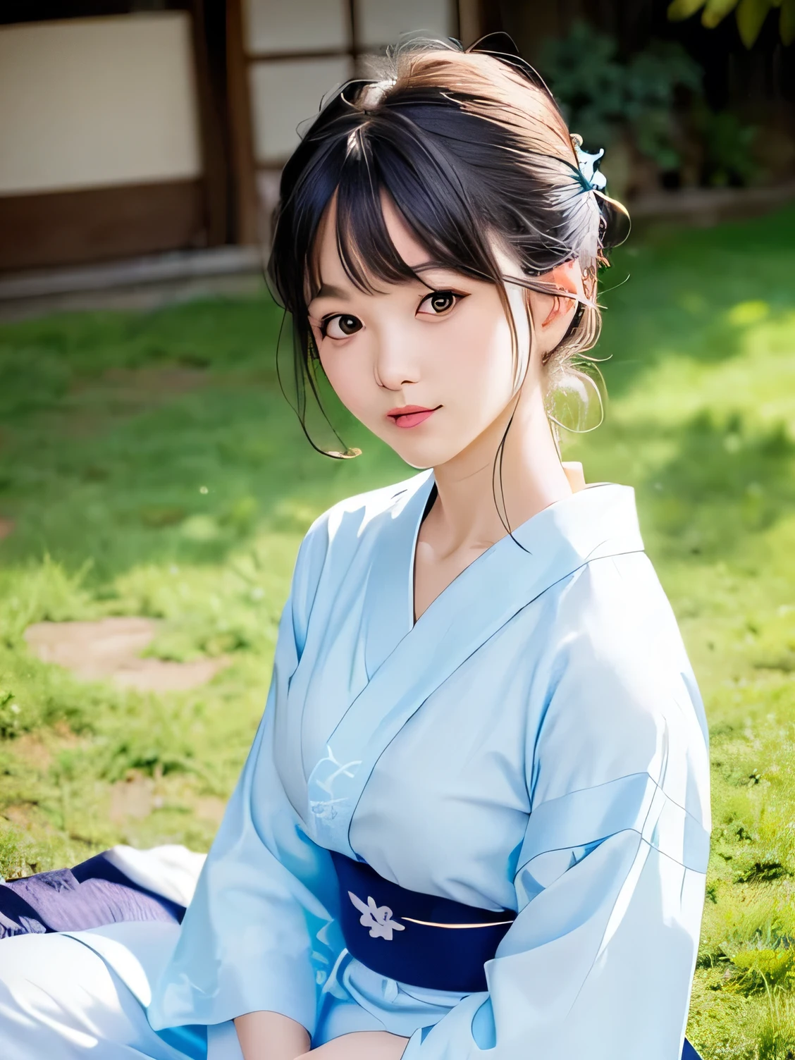 ((vivid, Realistic: 1.5), No background: 1.0, Portrait of a beautiful 17 year old Japanese girl: 1.2, Light Gray Background: 1.1, Breast augmentation: 1.2, cute: 1.0,Follow me please (Sitting on the ground): 1.2,((Summer Yukata、Light blue yukata)):1.1. Semi-short hair: 1.2, Navy Blue Hair: 1.2, Small face: 1.1, Straight hair: 1.1, Messy Hair: 1.1,