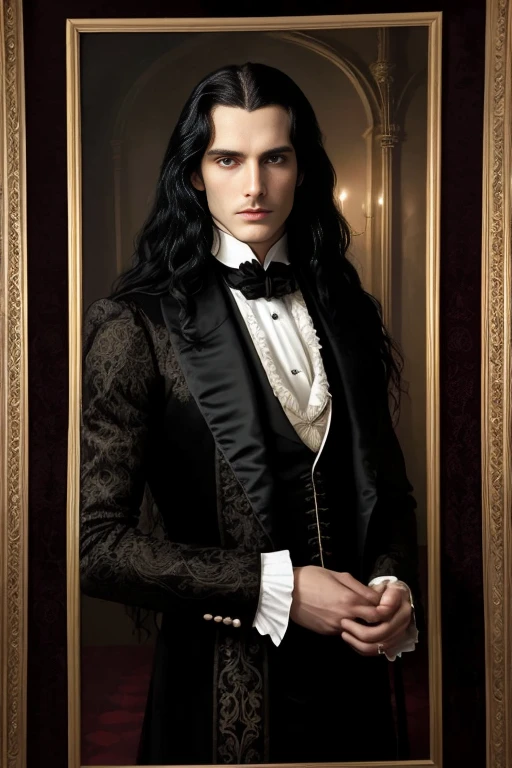 Photo of Lestat de Lioncourt, hyper-realistic, epicrealism, captured in an immaculate portrait. A timeless vampire, with long, wavy black hair cascading down his shoulders, (elongated fangs:1.2), sharp, piercing crimson eyes reflecting ethereal intensity. His skin, masterfully detailed, bearing an otherworldly pallor, adorned with a tailored, elegant black suit. The scene is set in an opulent, dimly lit study, filled with intricate Victorian-era furniture. The background, shrouded in shadows, is encompassed by a blurry whirl of rich, antique tapestries,