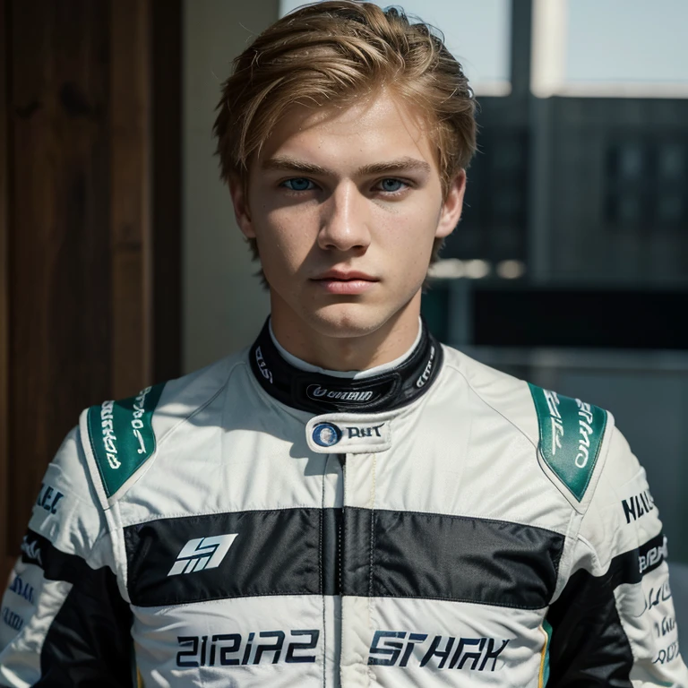 ((best quality)), ((Masterpiece)), (details), perfect face, Formula One racer, teenage boy, Russian, Short, bright golden blonde hair, sea green eyes, white skin, athletic, high, handsome, Cold eyes, expressionless face, Wear a black racing suit.