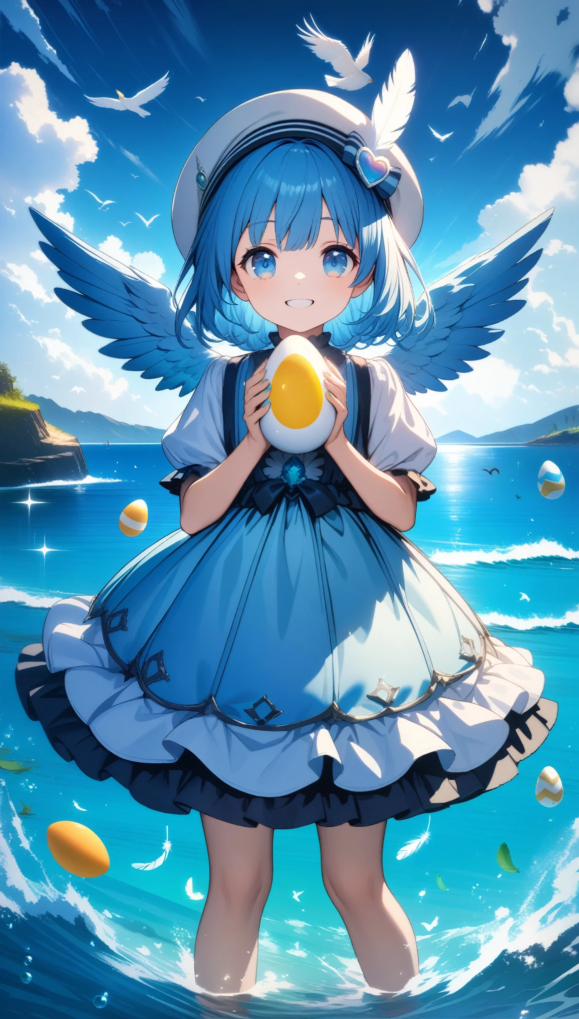 32k, best quality, ultra high res, HDR, UHD, extremely detailed CG, unity 32k wallpaper, A world full of eggs, 16 years old, Holding a rainbow-colored egg in both hands, Very cute girl, Blue Hair, blue eyes, A beautiful and cute blue dress, from the front, A very beautiful sea background, Standing on the water, Particles that glow blue, bird, cloud, Egg with wings, Close your mouth and smile happily, Cute hat with feathers,
