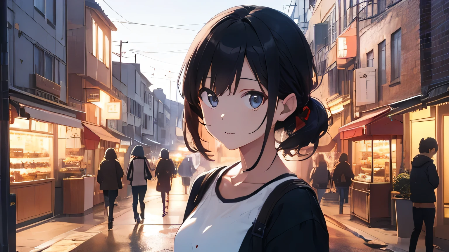 Streets of the city。street。stroll。Cute older sister。night。Blue Moment。Anime Style。Gentle lines。Upper Body。front。looking at the camera。Casual clothing。Show a wonderful view (highest quality, High resolution, Realistic), Vivid colors, Professional Lighting.