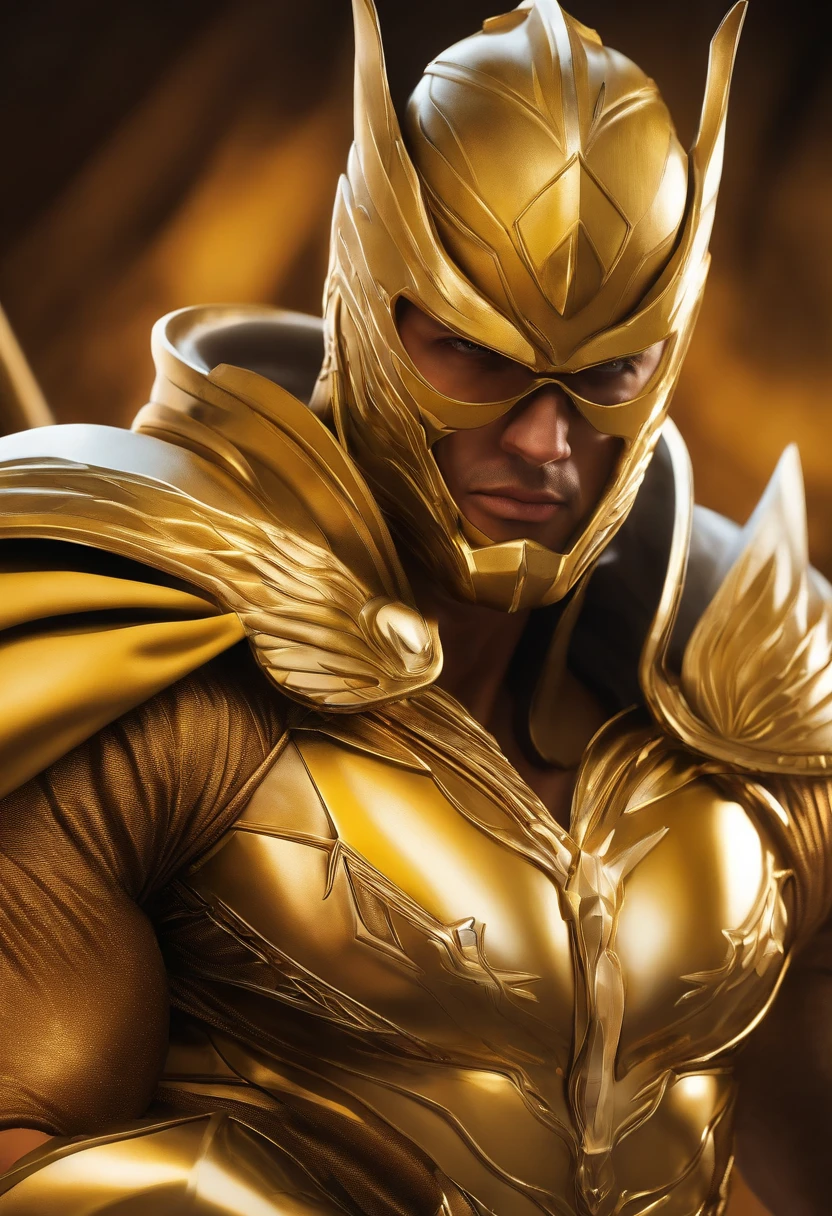 a close-up of a man wearing a yellow suit and a golden mask, muscular! fancy, inspirado por Rob Liefeld, muscular male hero, bodybuilder superhero bikini, muscular!! Science fiction, sin camisa :: alto detalle, lord universe, hombre tecnoviking sin camisa, Atractivo macho fornido con armadura., pose masculina heroica, joseph joestar, deidad masculina atractiva, armadura dorada, gladiador, armadura brillante 