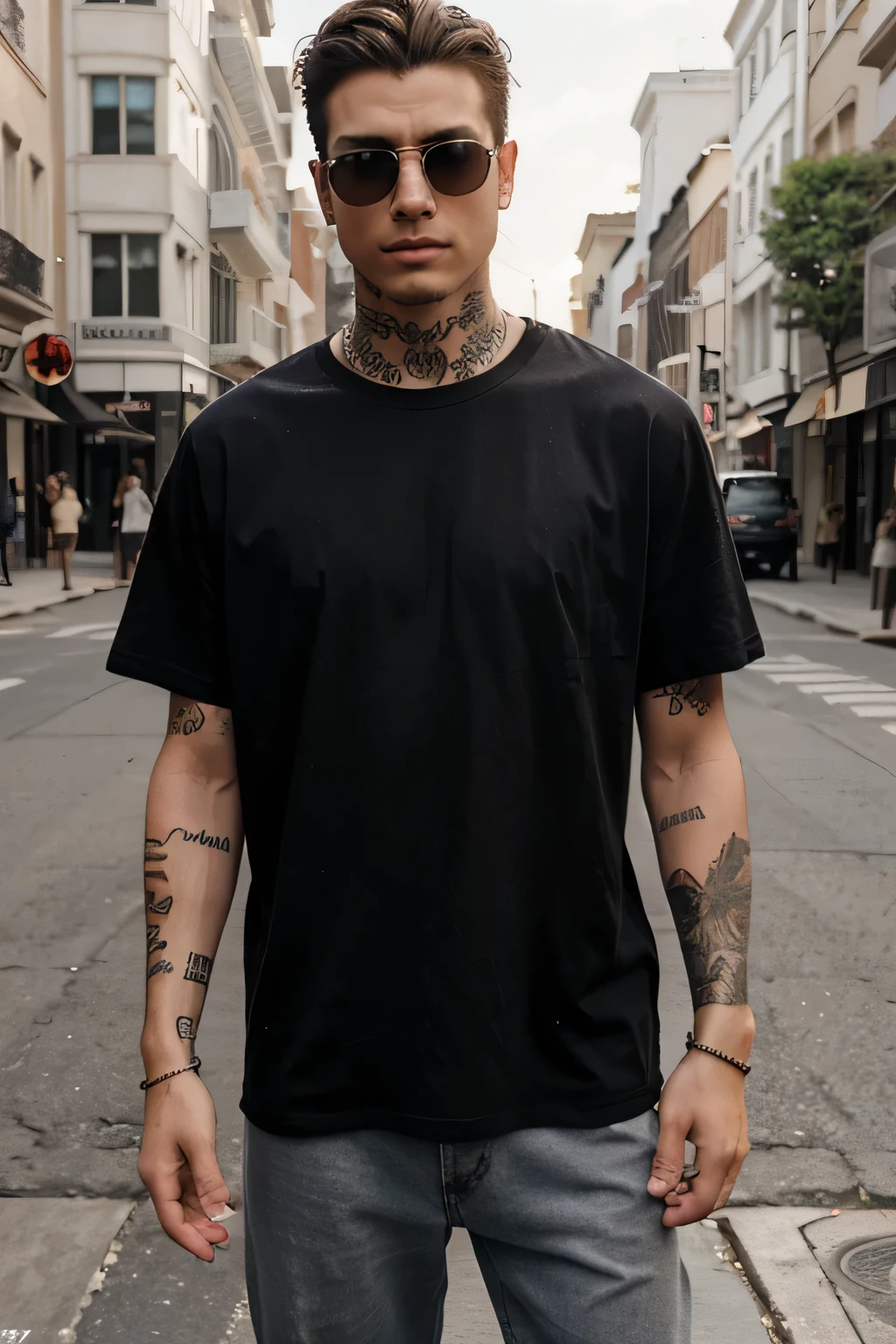 Realistic brunette male model standing on the street, wearing an XXL oversized black blank T shirt that is not tucked in. with tattoos on his arms and wearing trendi sunglassees. NO PRINTS ON THE T SHIRT