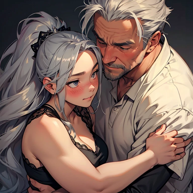 lustful princess, elderly man, gray-haired king, hug a girl, blush, embarrassed expression, close contact, girl kissing a man, dirty rags, sexy