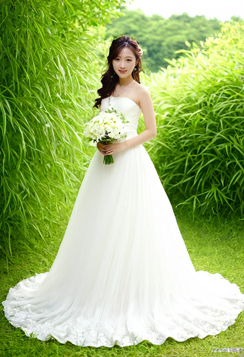Beautiful 25 year old woman。She is wearing a summer wedding dress. She's smiling in the church lights at night . Romantic Sunset. Her dark brown hair. High resolution、masterpiece、highest quality、頭w:1.0、((Hasselblad Photos))、Fine skin、(Cinema Lighting)、clavicle . Full body photo.