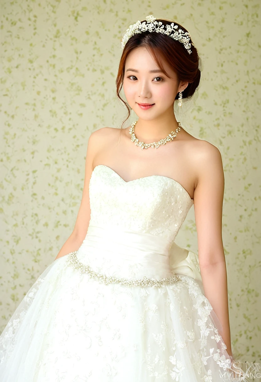 Beautiful 25 year old woman。She is wearing a summer wedding dress. She&#39;s smiling in the church lights at night . Romantic Sunset. Her dark brown hair. High resolution、masterpiece、highest quality、頭w:1.0、((Hasselblad Photos))、Fine skin、(Cinema Lighting)、clavicle . Full body photo.