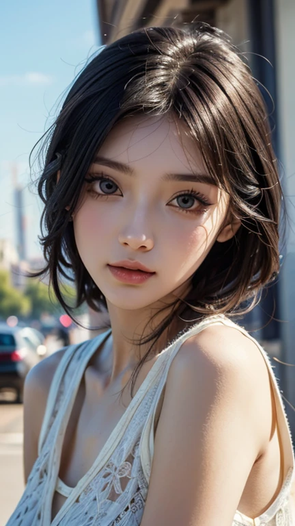 1 girl,more details in eyes,cute,looking at viewer, adorabel girl,cute face,details sky,pretty,young,juvenile,((masterpiece:1.4,best quality)),multiple details,colorful hair,eyeshadow,, sfw,