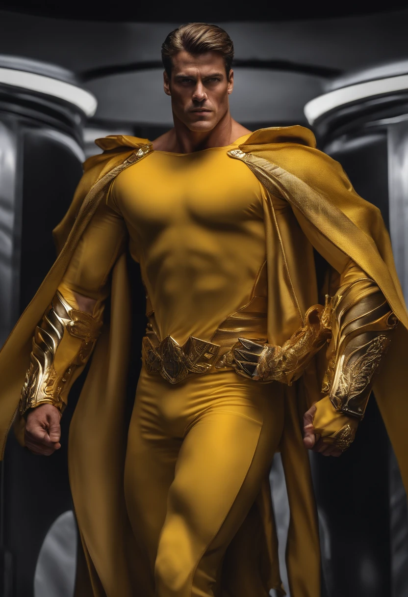 a close-up of a man wearing a yellow suit and a golden mask, muscular! fancy, inspirado por Rob Liefeld, muscular male hero, bodybuilder superhero bikini, muscular!! Science fiction, sin camisa :: alto detalle, lord universe, hombre tecnoviking sin camisa, Atractivo macho fornido con armadura., pose masculina heroica, joseph joestar, deidad masculina atractiva, armadura dorada, gladiador, armadura dorada 