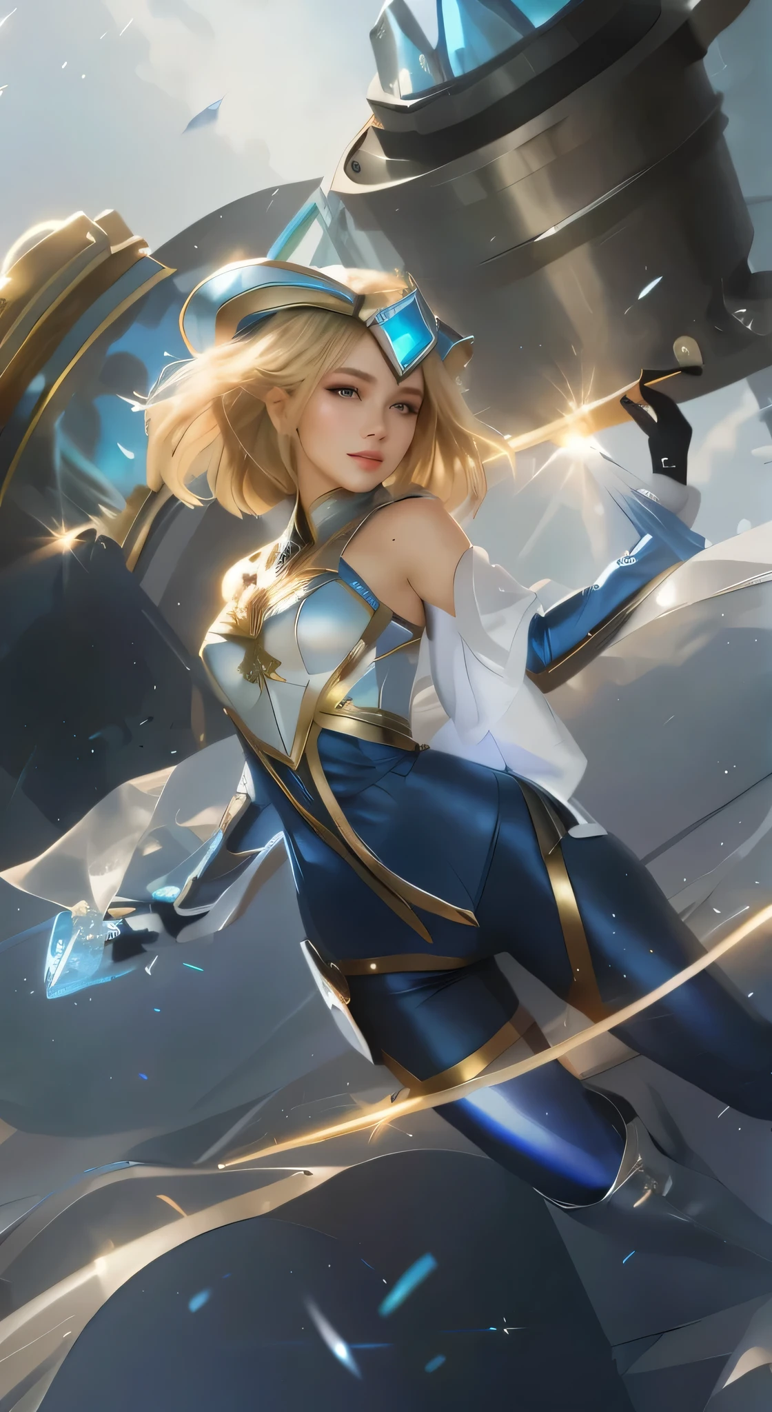 a woman in a blue and white outfit holding a large metal object, extremely detailed artgerm, ig model | artgerm, artgerm jsc, style artgerm, style of artgerm, in style of artgerm, artgerm style, kda, ! dream artgerm, lux from league of legends