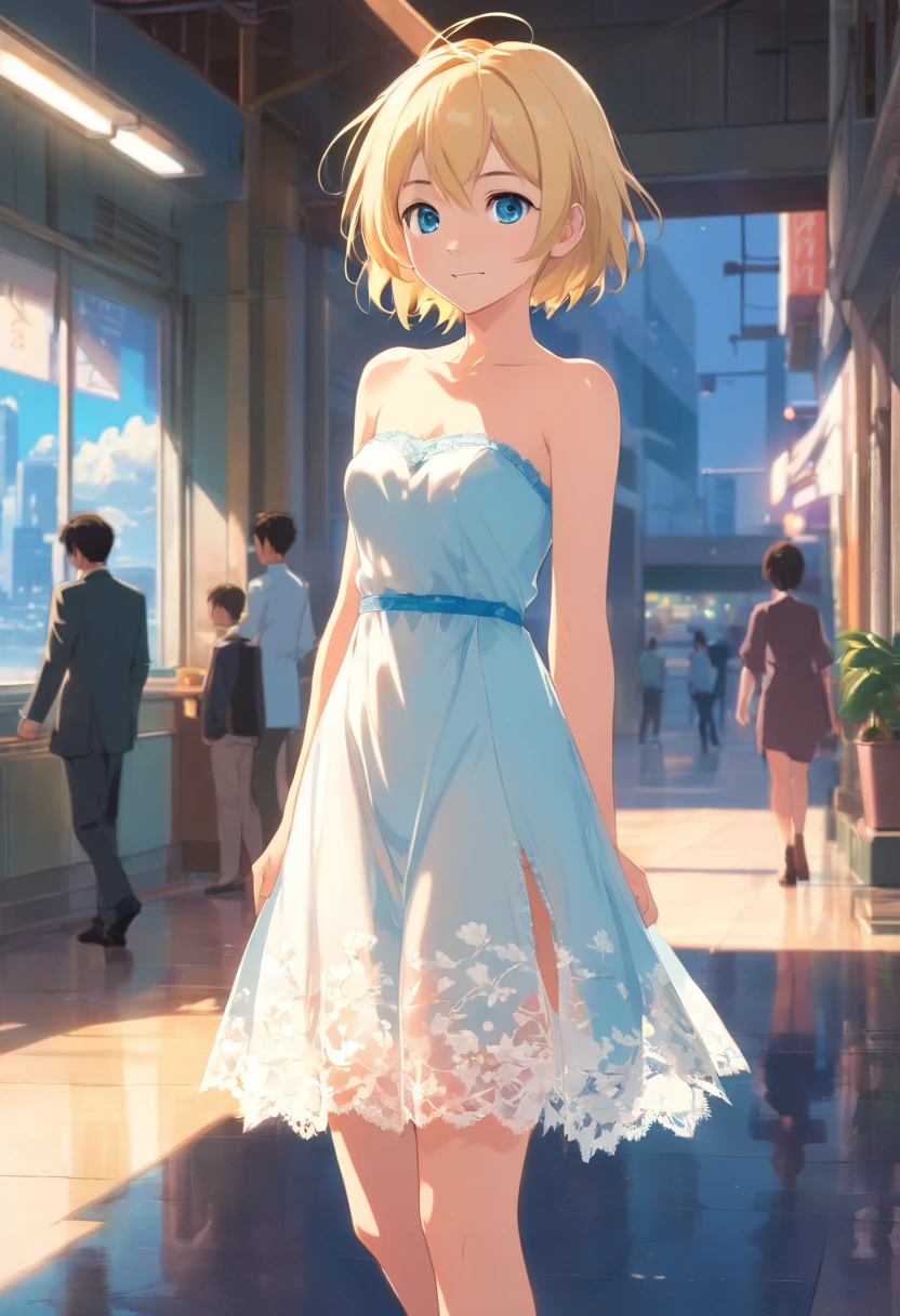 17 years old Women, ((Blonde)), ((Blue eyes)), ((Short hair)), ((Full Body)), She wears a white backless strapless lace dress, standing with a smile at the camera and with her head tilted slightly to the right, she wears high-heeled shoes, a breath of air lifts her dress, revealing her thighs., wet floor