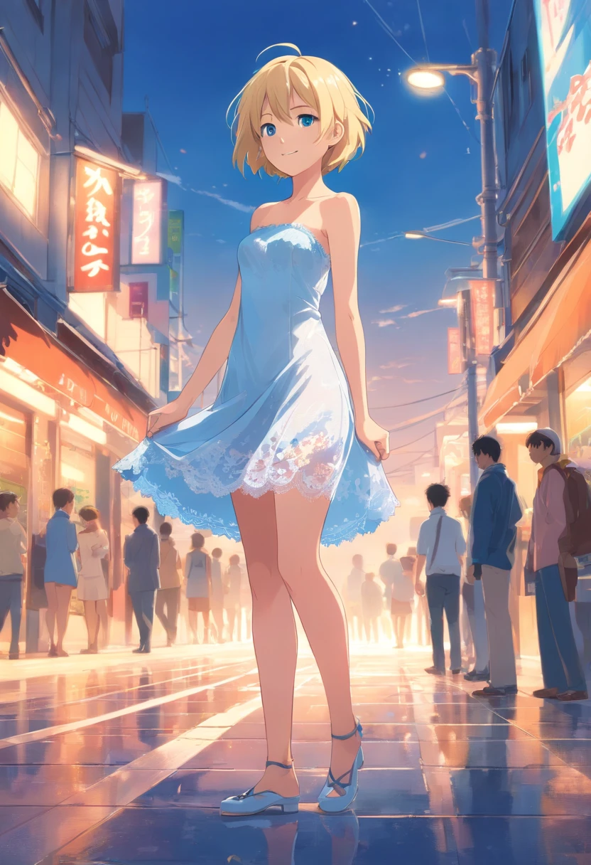 17 years old Women, ((Blonde)), ((Blue eyes)), ((Short hair)), ((Full Body)), She wears a white backless strapless lace dress, standing with a smile at the camera and with her head tilted slightly to the right, she wears high-heeled shoes, a breath of air lifts her dress, revealing her thighs., wet floor