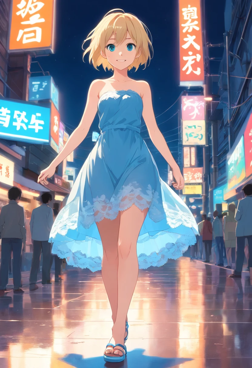  Women, ((Blonde)), ((Blue eyes)), ((Short hair)), ((Full Body)), She wears a white backless strapless lace dress, standing with a smile at the camera and with her head tilted slightly to the right, she wears high-heeled shoes, a breath of air lifts her dress, revealing her thighs., wet floor