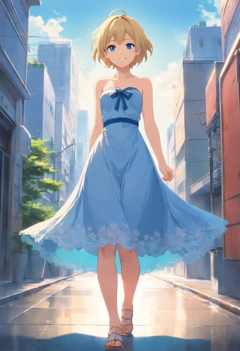 Women, ((Blonde)), ((Blue eyes)), ((Short hair)), ((Full Body)), She wears a white backless strapless lace dress, standing with a smile at the camera and with her head tilted slightly to the right, she wears high-heeled shoes, a breath of air lifts her dress, revealing her thighs., wet floor
