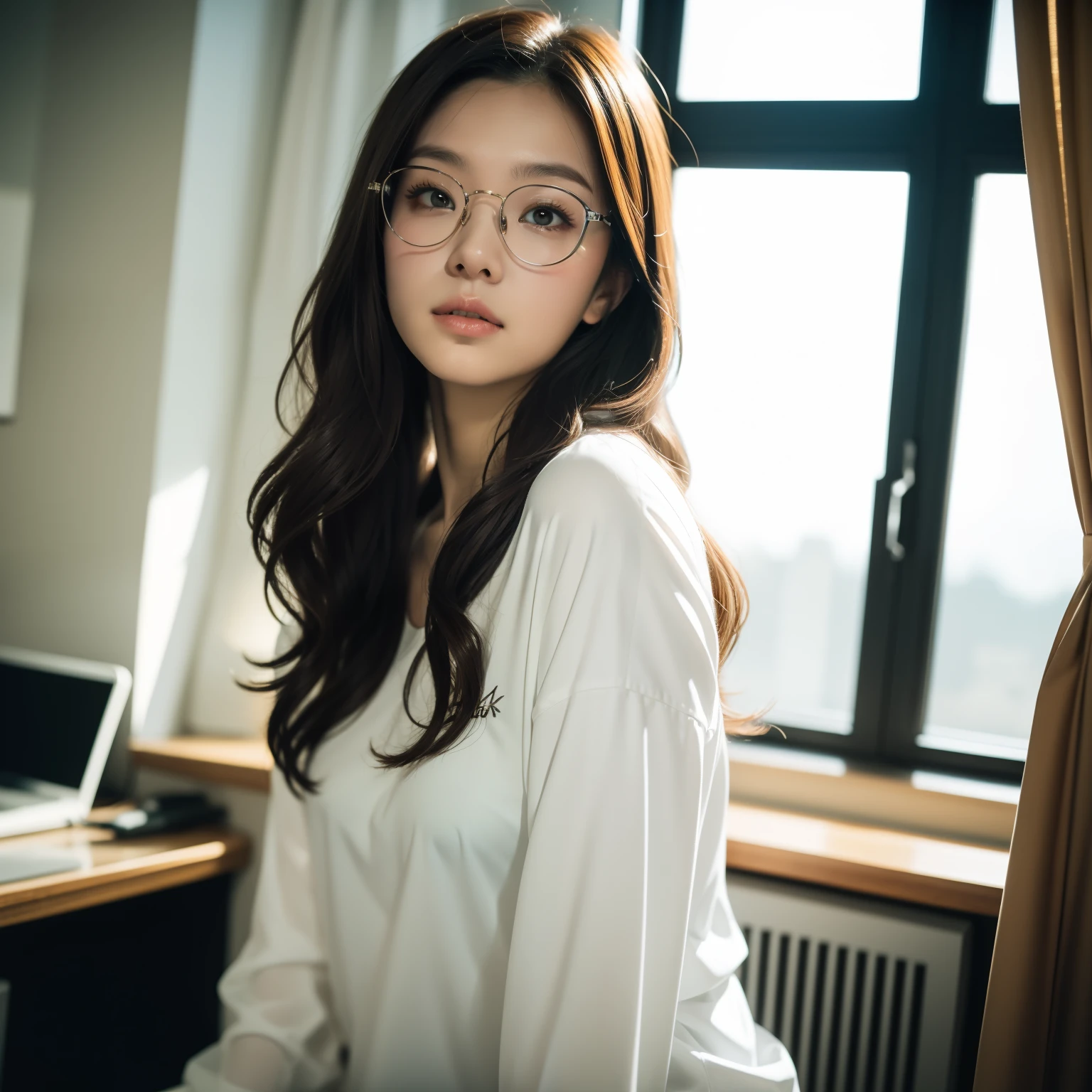 1 beautiful maiden, (long curly hair)), wearing glasses, wearing a fitted white shirt, broad shoulders, mid-chest, long legs, small head, (in the office), slim_legs, slim_Ass, very detailed, natural wavy curls, sparkling light brown eyes, high resolution, masterpiece, best quality, complex details, high detail, clear focus, detailed skin, realistic skin texture, texture, detailed eyes, professional, 4k, Canon shooting, 50mm, shallow depth of field, kodak visual color, perfectly fitting body, extremely detailed, realistic, realism, post-processing, maximum detail, roughness, real life, ultra-realistic, photorealism, photography, 8K ultra hd, photography (film grain) close-up atmospheric dark lighting medium shot, seductive pose,