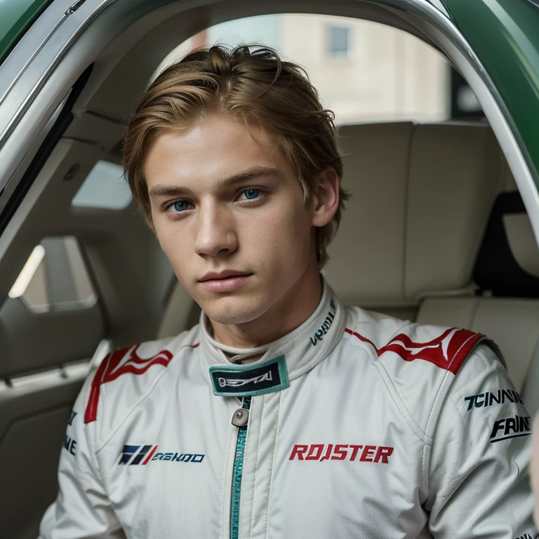 ((best quality)), ((Masterpiece)), (details), perfect face, Formula One racer, teenage boy, Russian, Short, bright golden blonde hair, sea green eyes, white skin, athletic, high, handsome, Cold eyes, expressionless face, Wear a red racing suit.