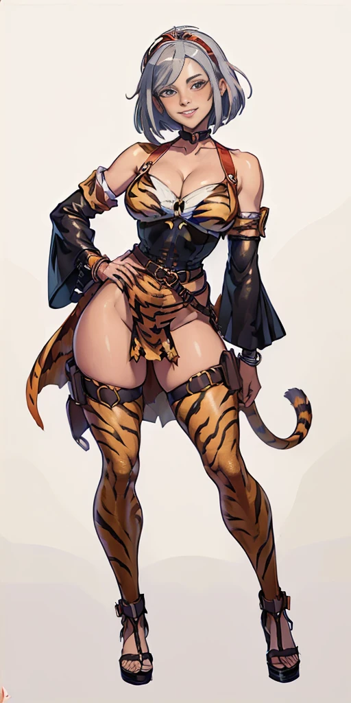 ((Masterpiece, plain background,1:2)) full body standing with two long yellow tiger print stockings, toned thighs, cleavage, separate yellow tiger print stockings thighs and sleeves, yellow tiger bikini print, yellow tiger fur coat print, tiara royal, long cape up to two feet, hands on waist hips hands on hips, navel, lustful smirking smiling, smile face (red blushed, red cheeks) pauldrons metal shoulders, armbands, black leather choker slave collar, full body standing with two long thighs and two metal sandals, red eyes, silver white short bob hair, big knockers, cleavage, separate sleeves, tiara royal, leather corset, armbands, shackles bracelets, slave red crest, loincloth standing, big belt, view from below, feet together, bracers, tiara, standing contrapposto straight symmetrical looking to viewer