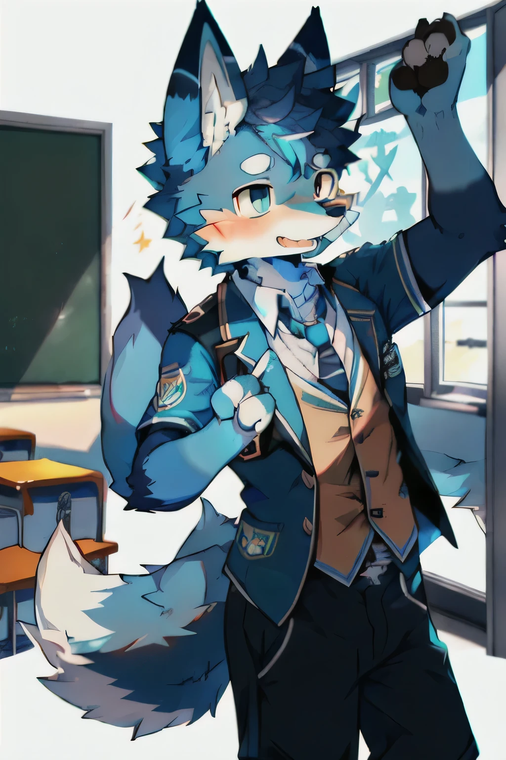 Blue fur, canine, fox motif, boy, uniform, school