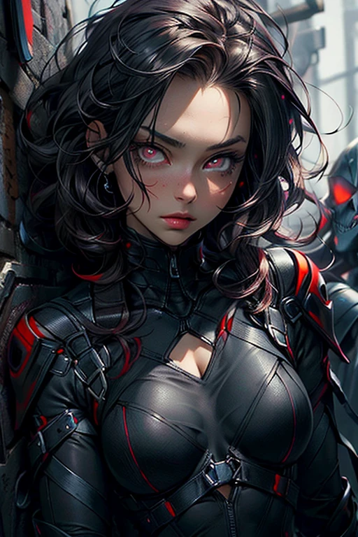 ((best quality)), ((masterpiece)), (detailed), perfect face, a black widow that manifests as a beautiful mage, leather armor, deep red eyes, flirty yet dangerous