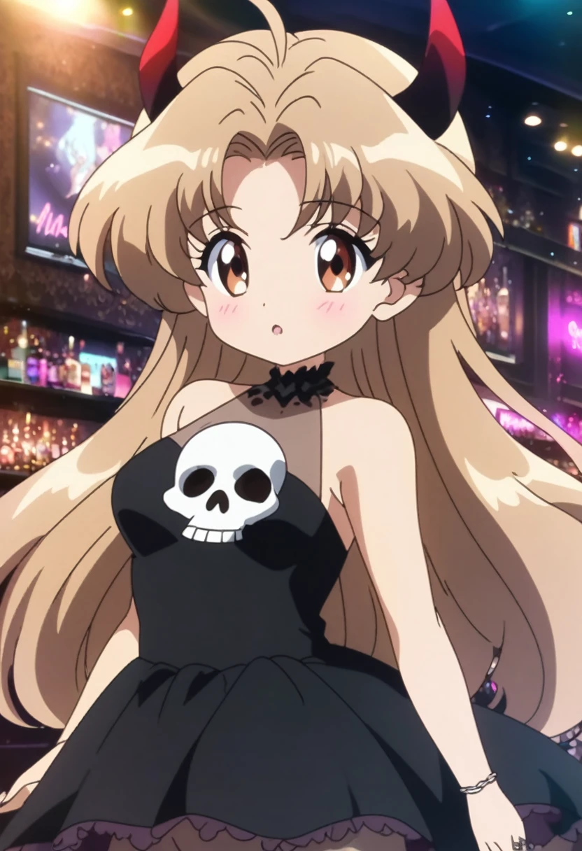 Anime girl with horns and a dress with a skull, ((Light brown hair))(loli in dress, gothic maiden Anime girl, cute anime waifu in a beautiful dress, anime Mo artstyle, Anime girl wearing a black dress, night club, (Anime girl), anime style 4k, curvy , high quality anime style, Anime girls, demon Anime girls