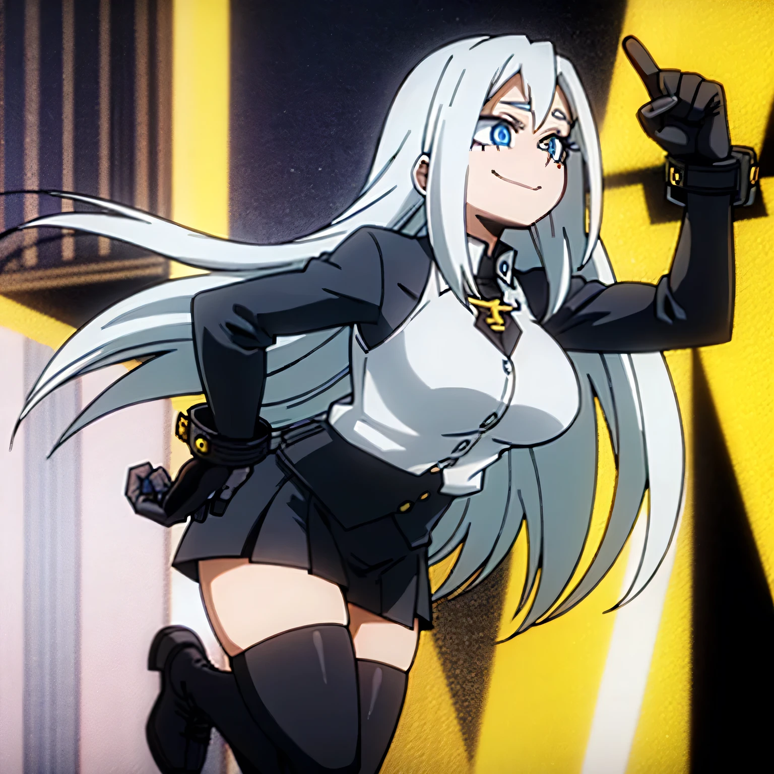 1girl, big breasts, long hair, white hair, blue eyes, smile, black jacket, white shirt, black skirt, boots, jewelry, bracelet