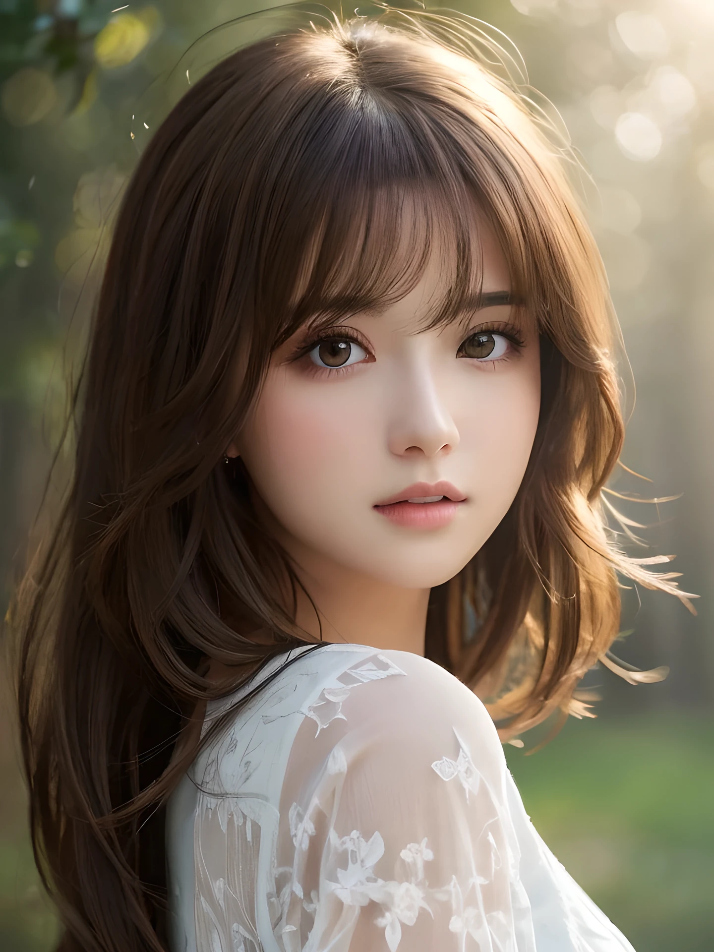 masterpiece, highest quality, High resolution, wallpaper, realistic, (bright lighting:1.4), professional lighting, face light, smooth lighting, 1 girl, Close-up, cute, sad, open mouth to say something, shy, Beautiful girl, gravure, sexy, super beautiful, beautiful skin, beautiful and detailed eyes、detailed face、slim、moderately, short hair, hair blown by the wind, brunette colored hair, brown eyes, Professional Photography, Bokeh, Portrait, The morning sunlight shines through the misty forest path.