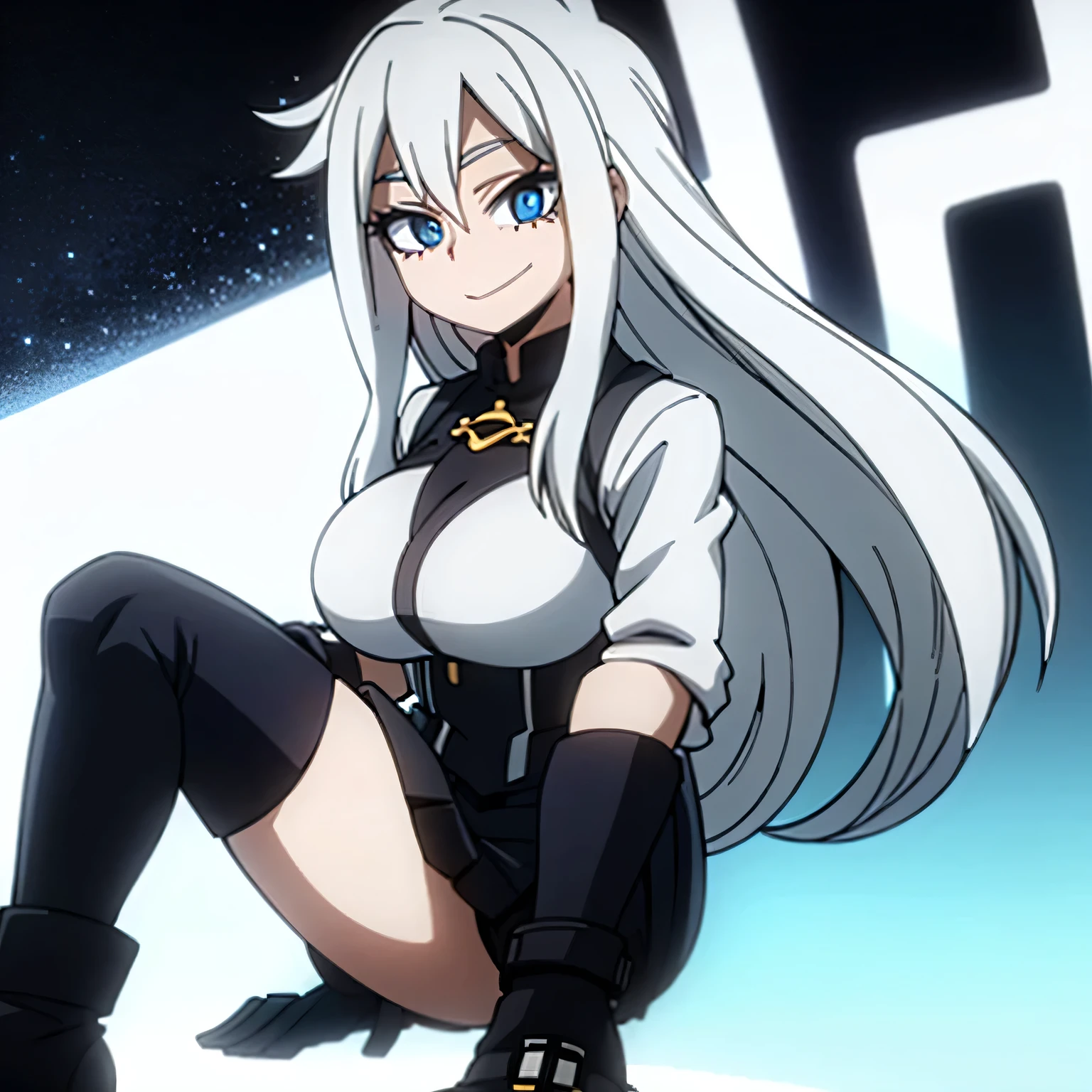 1girl, big breasts, long hair, white hair, blue eyes, smile, black jacket, white shirt, black skirt, boots, jewelry, bracelet