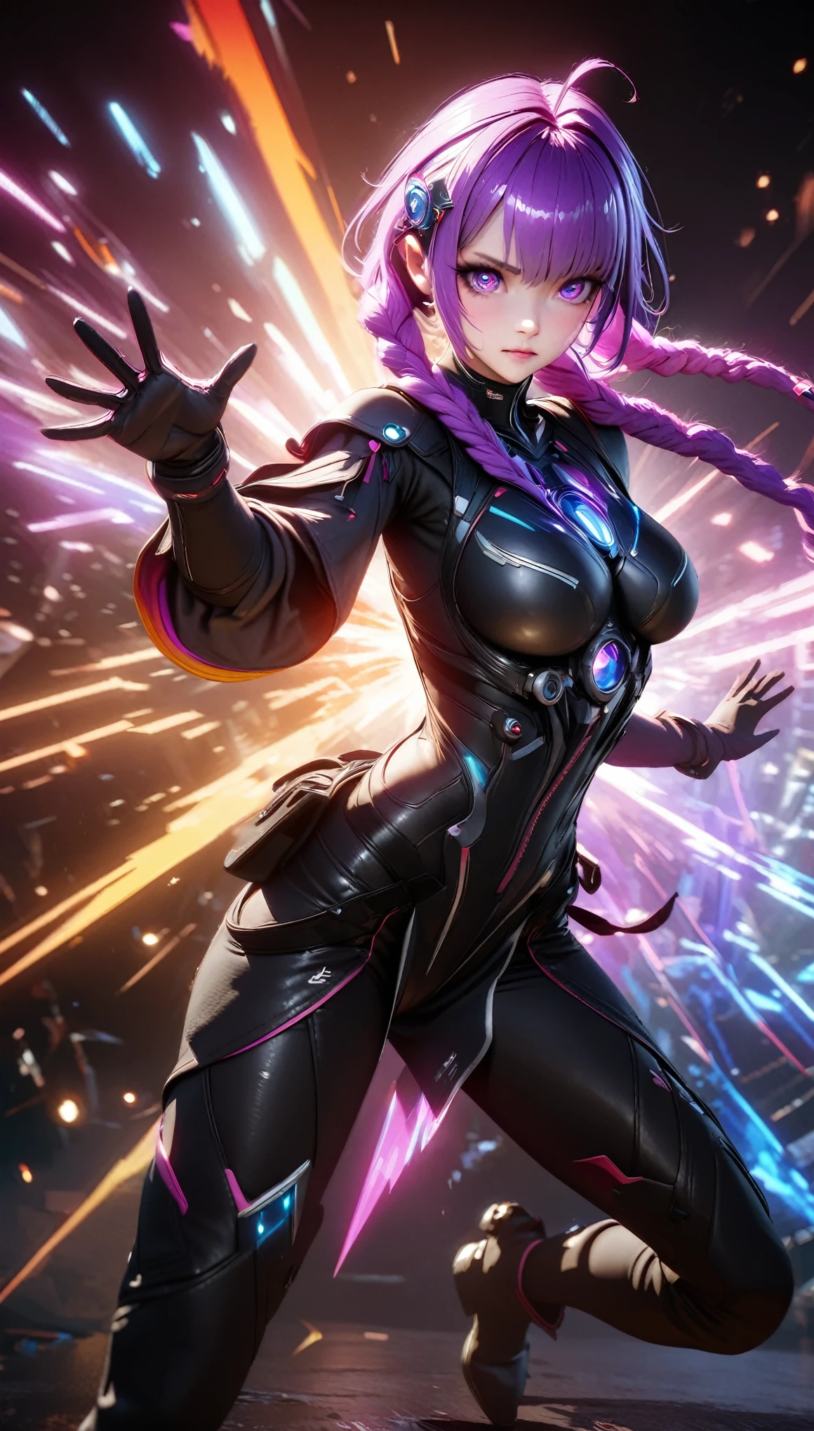 (best quality,4k,8k,highres,masterpiece:1.2),ultra-detailed,professional,vivid colors,bokeh,illustration,1 girl,solo,beautiful, yinji , anatomical correct:2, twin braids, purple hair,hair ornament, gloves, ahoge,low-tied very long hair, purple eyes,soft lighting,colorful palette,detailed eyes,detailed lips,intense gaze,fierce expression,serene background,((Best quality)), ((Masterpiece)), ((Realistic)),anatomically correct,Nikon Z7 II camera, Fujifilm Velvia 50 film, 50mm lens, high saturation, extremely hyper aesthetic intricate detailed, sharp focus, bewitching lighting, trending on artstation, cinematic lighting, unreal engine, octane render, full body shot, HDR, Unreal Engine 5, Octane Render, Cinematic, 32k, Natural Lighting, Ray Tracing Global Illumination, Digitally Enhanced, PhotoReal, Hyperdetailed, VFX, High Fidelity, expressive, dynamic pose, cinematic look, highly detailed, Cinestill 800T, sharp focus, intricate details, insanely detailed, Photorealism, High detail + Sony Alpha α7, sci - go cinematic style, volumetric lighting, zoomed out, action pose, sharp focus, dramatic lighting, centered, post processing, color grading, Redshift Render, ray tracing, epic, magnificent background, serene and enigmatic expression, finely detailed clothes,