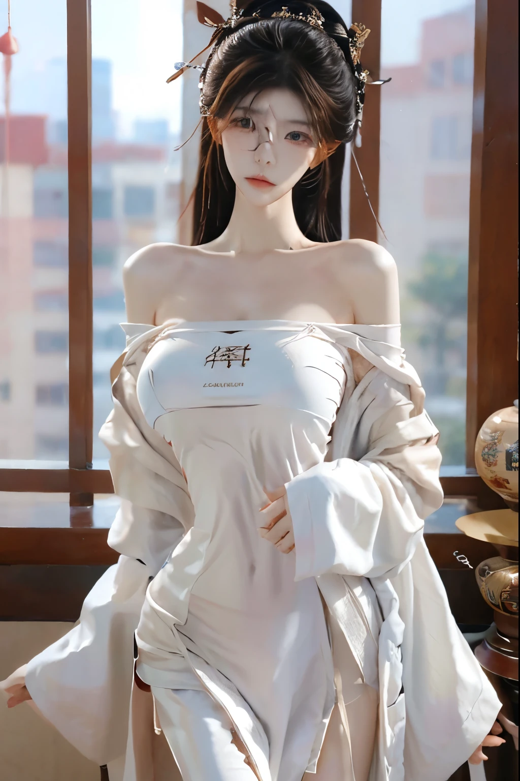 Beautiful woman with perfect body：1.4，Layered Hairstyle，Prominent cleavage，Highly detailed face and skin textures，Double eyelids，Skin Whitening，Long hair，Whitened long legs，（Black low-cut Hanfu）standing in living room