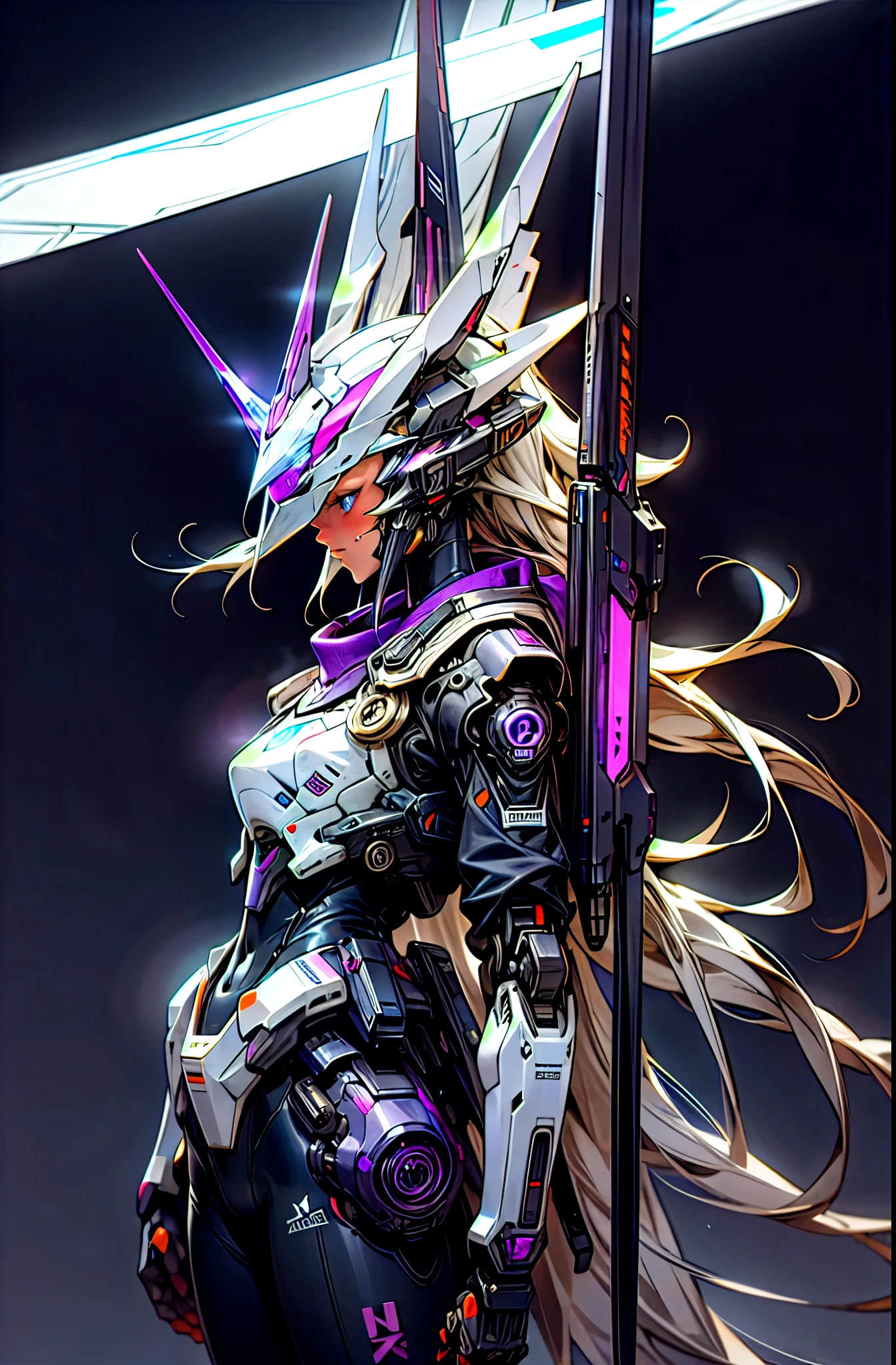 cyber punk,giant robot、Appeared in the night city、1 robot、cyber bunny、White body with purple accents、Armed with a carrot blade、hyper realistic、guardian,dark hero