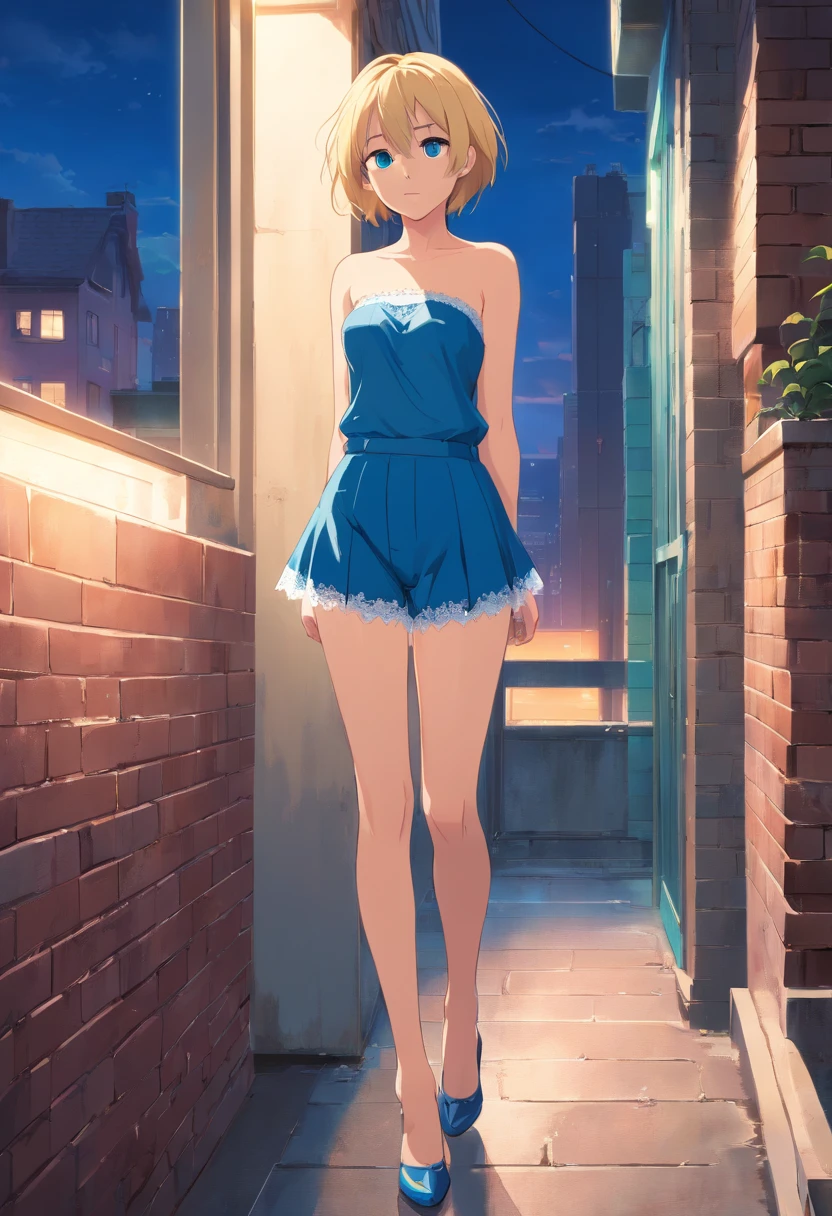 17 years old Women, ((Blonde)), ((Blue eyes)), ((Short hair)), ((Full Body)), She wears strapless lace underwear, she is standing looking melancholy at the camera leaning against a brick wall in an apartment with a window that shows the city at night, she is wearing high heels, the floor is made of glass and her figure is reflected.