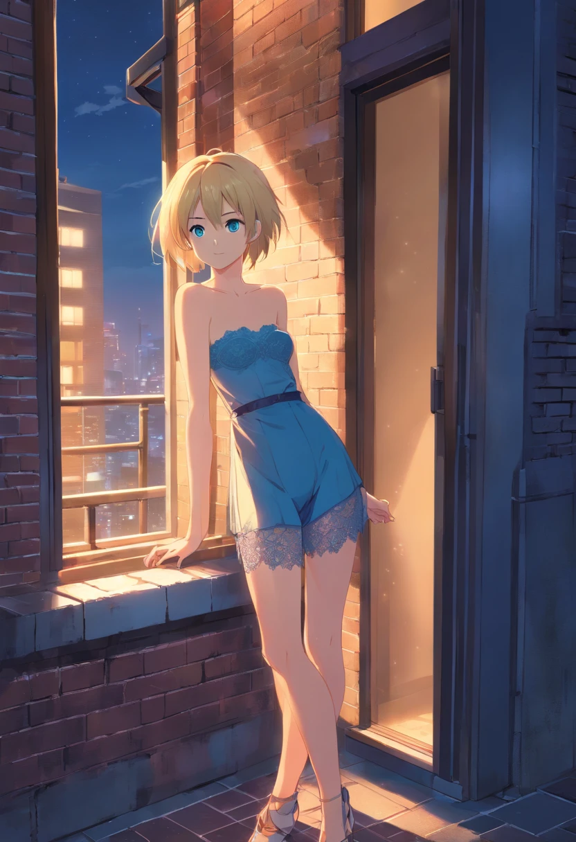 17 years old Women, ((Blonde)), ((Blue eyes)), ((Short hair)), ((Full Body)), She wears strapless lace underwear, she is standing looking melancholy at the camera leaning against a brick wall in an apartment with a window that shows the city at night, she is wearing high heels, the floor is made of glass and her figure is reflected.