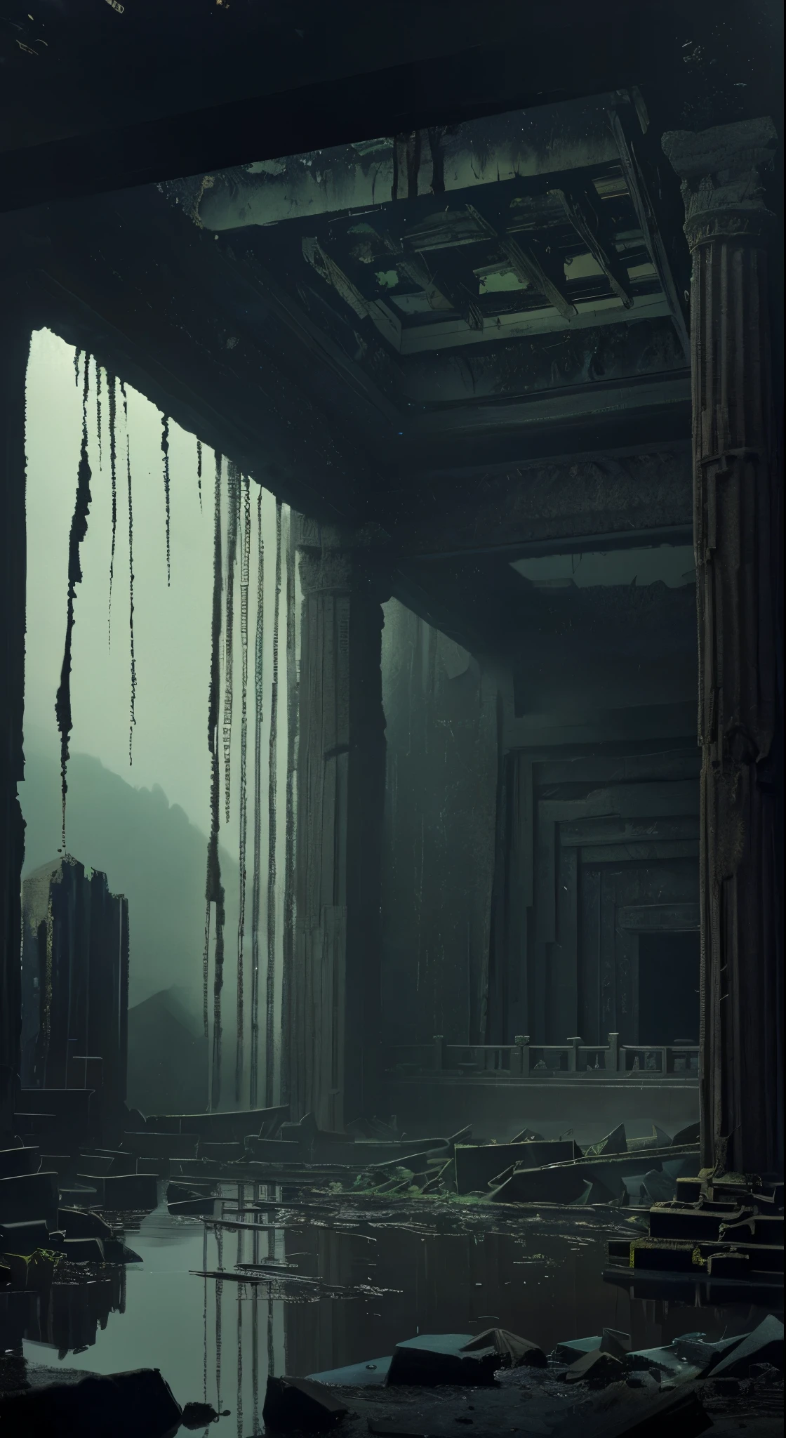 (highest quality, masterpiece),( Dark Sky, heavy rain, Inside the ruined temple, Low water level、Water is stagnant, ), Realistic Background, 2112, Light*_black_particle,