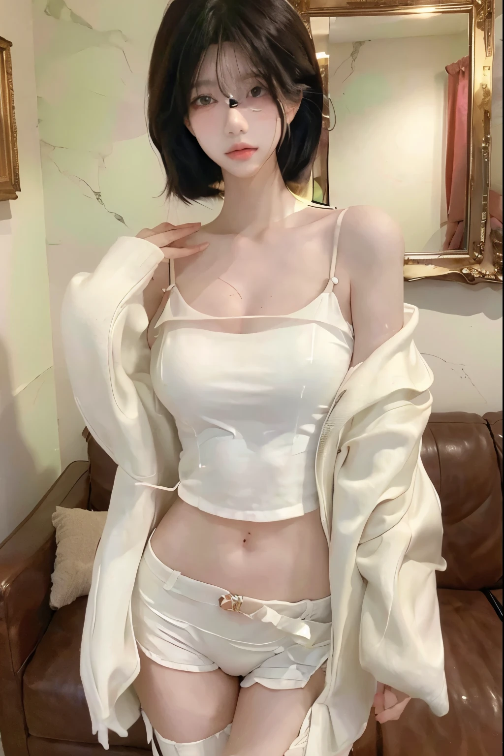 Beautiful woman with perfect body：1.4，Layered Hairstyle，Prominent cleavage，Highly detailed face and skin textures，Double eyelids，Skin Whitening，Long hair，Whitened long legs，（Tube Top），standing in living room