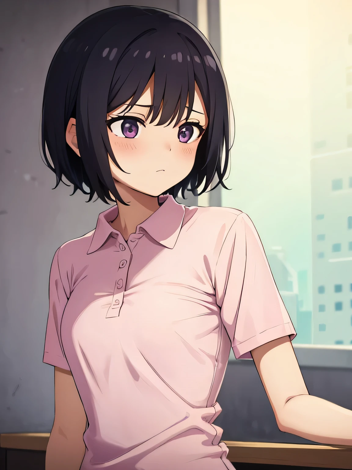 1. Beautiful woman in a pink polo shirt, short hair, Small breasts,Black Hair, Hospital Beautiful Cute High Quality Sexy Naked Short Sleeves No Bra No Panties