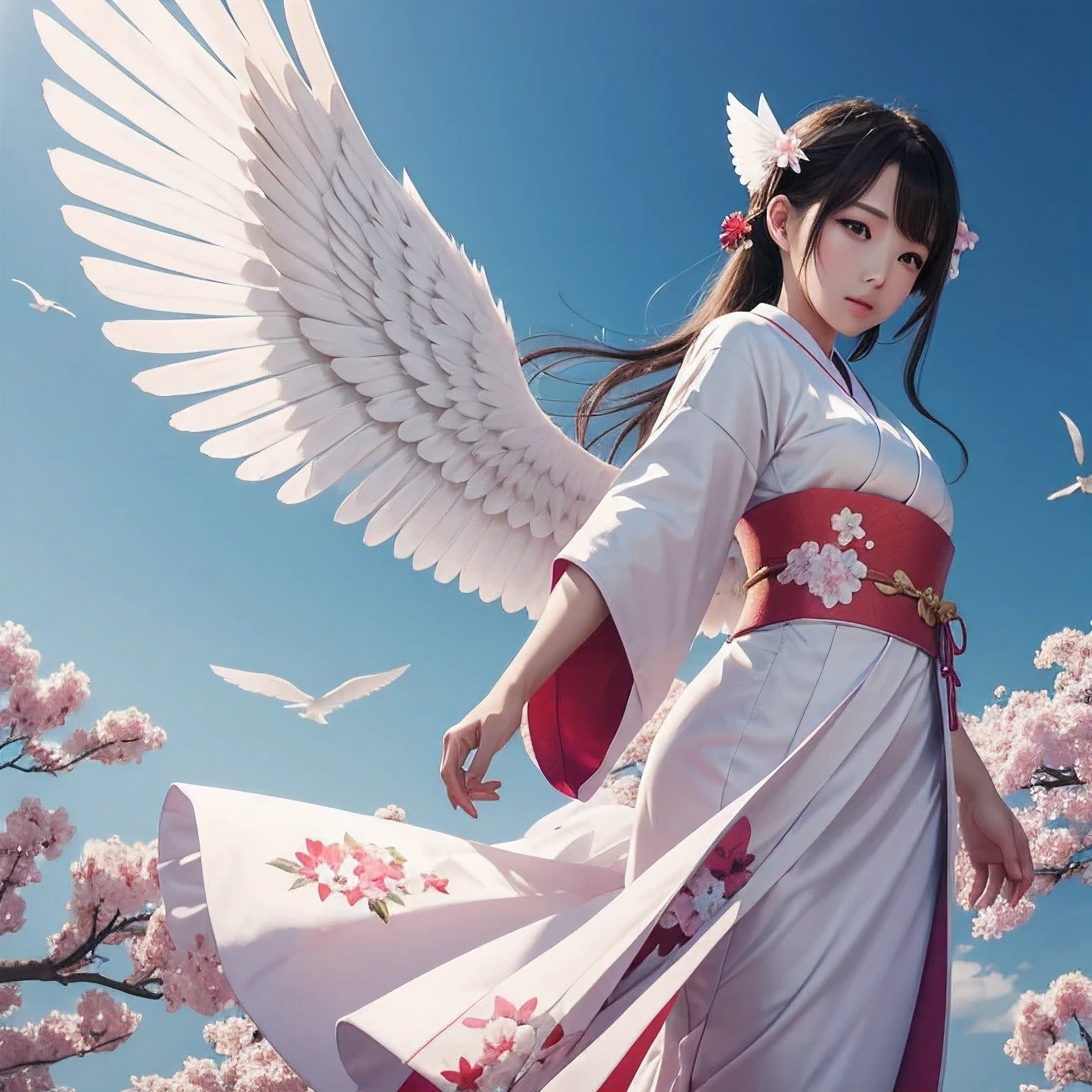 A beautiful female angel flaps her wings while facing the sky wearing japanese clothing