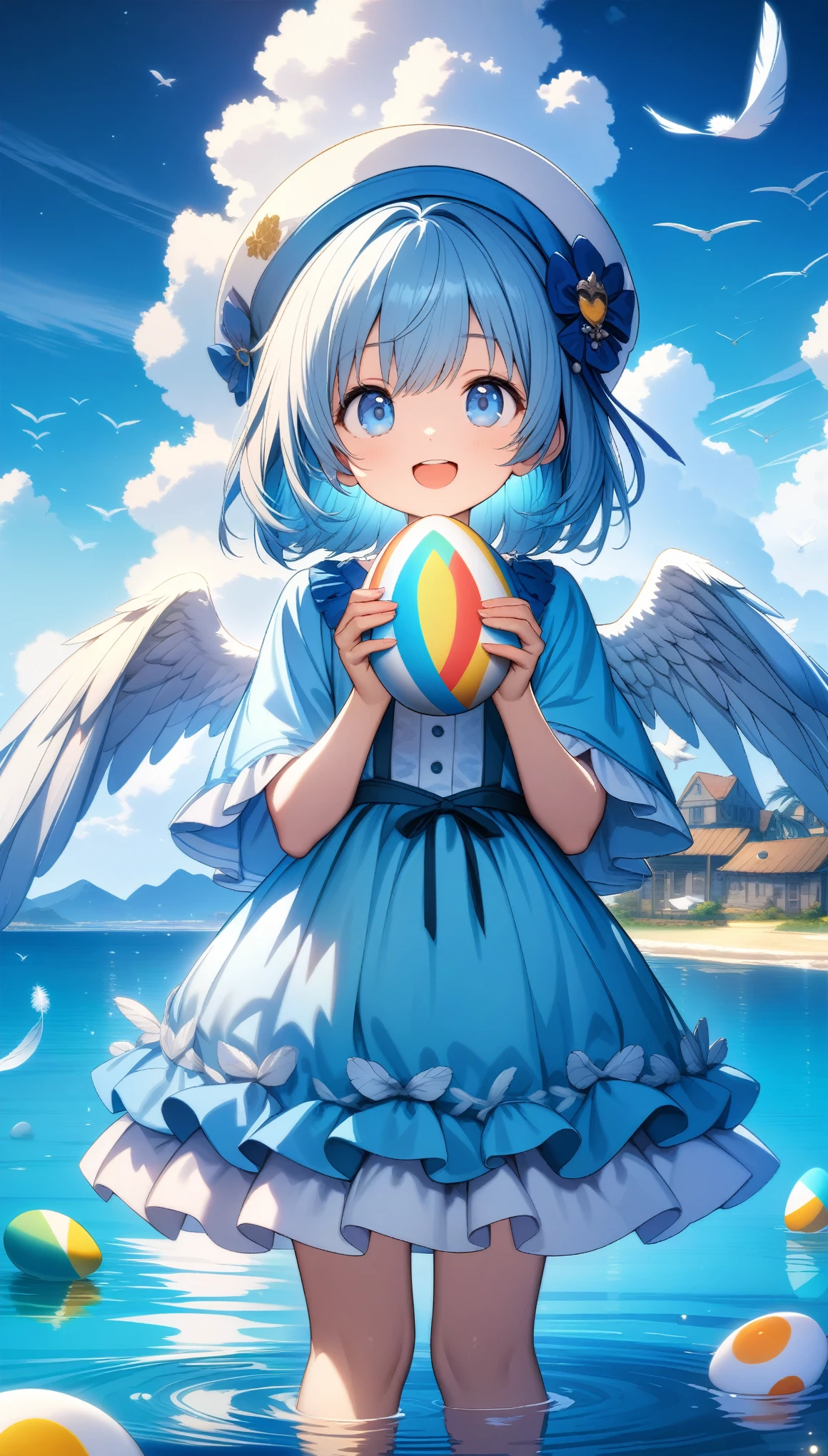 32k, best quality, ultra high res, HDR, UHD, extremely detailed CG, unity 32k wallpaper, A world full of eggs, 16 years old, Holding a rainbow-colored egg in both hands, Very cute girl, Blue Hair, blue eyes, A beautiful and cute blue dress, from the front, A very beautiful sea background, Standing on the water, Particles that glow blue, bird, cloud, Egg with wings, Close your mouth and smile happily, Cute hat with feathers,