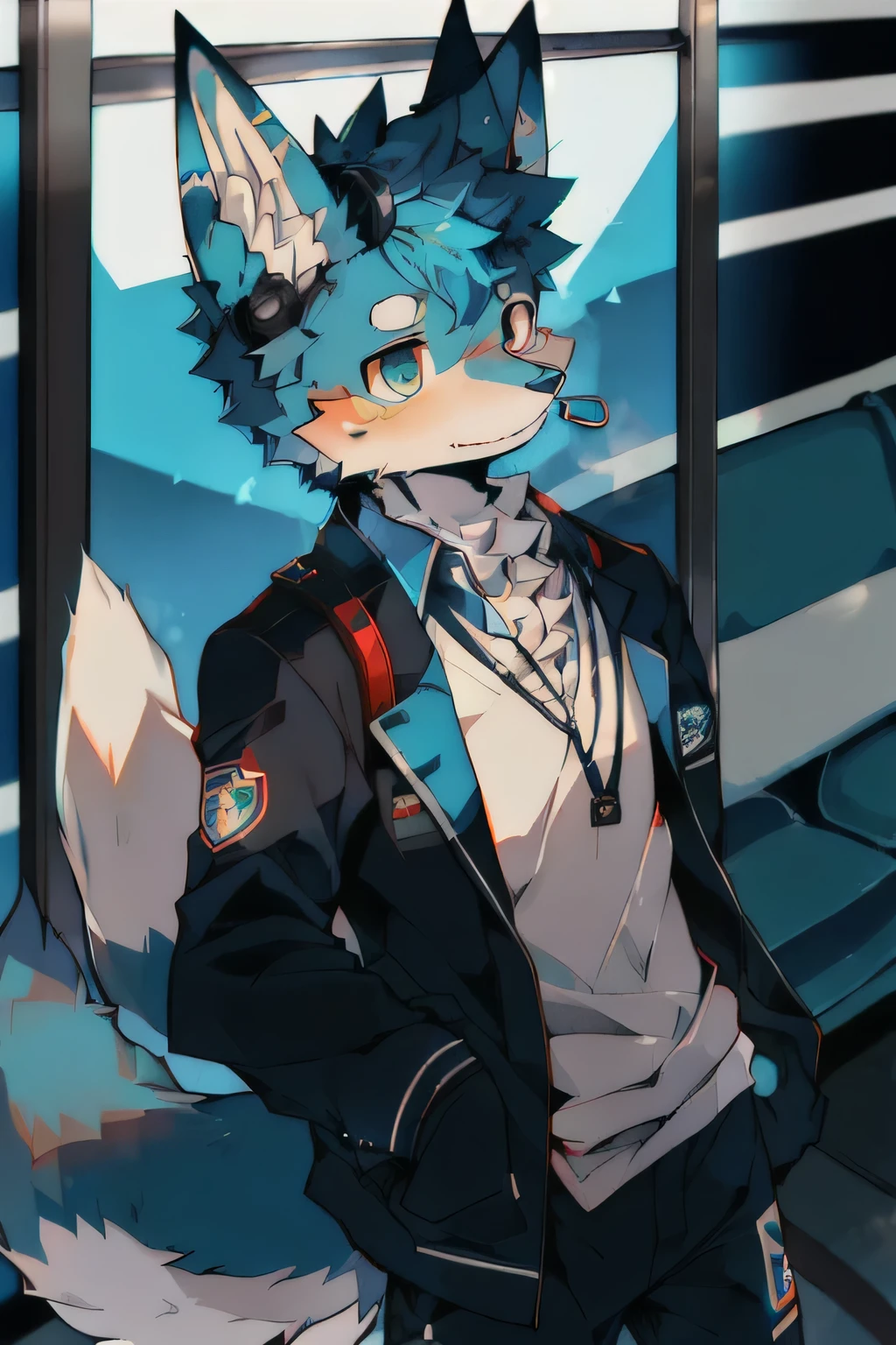Blue fur, Canine, Fox motif boy, Uniform, Train, Earphones, Alone